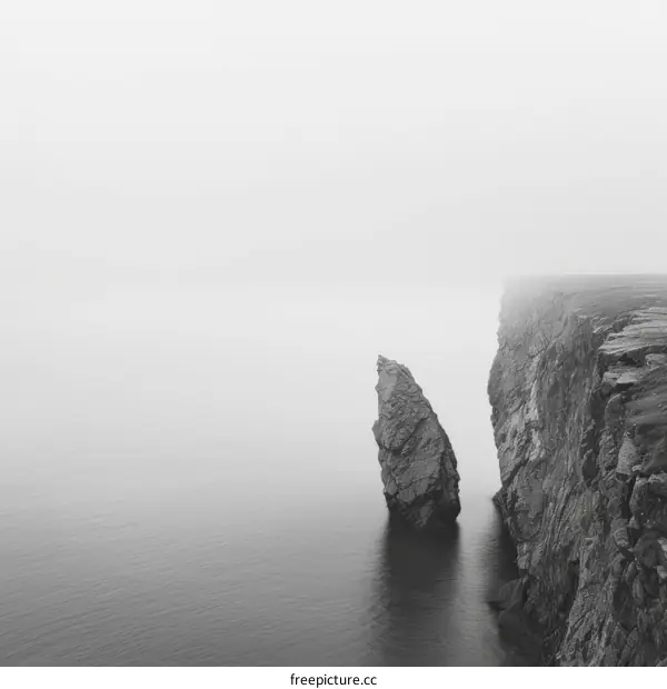 Black and white photo of a large rock in the ocean near a cliff