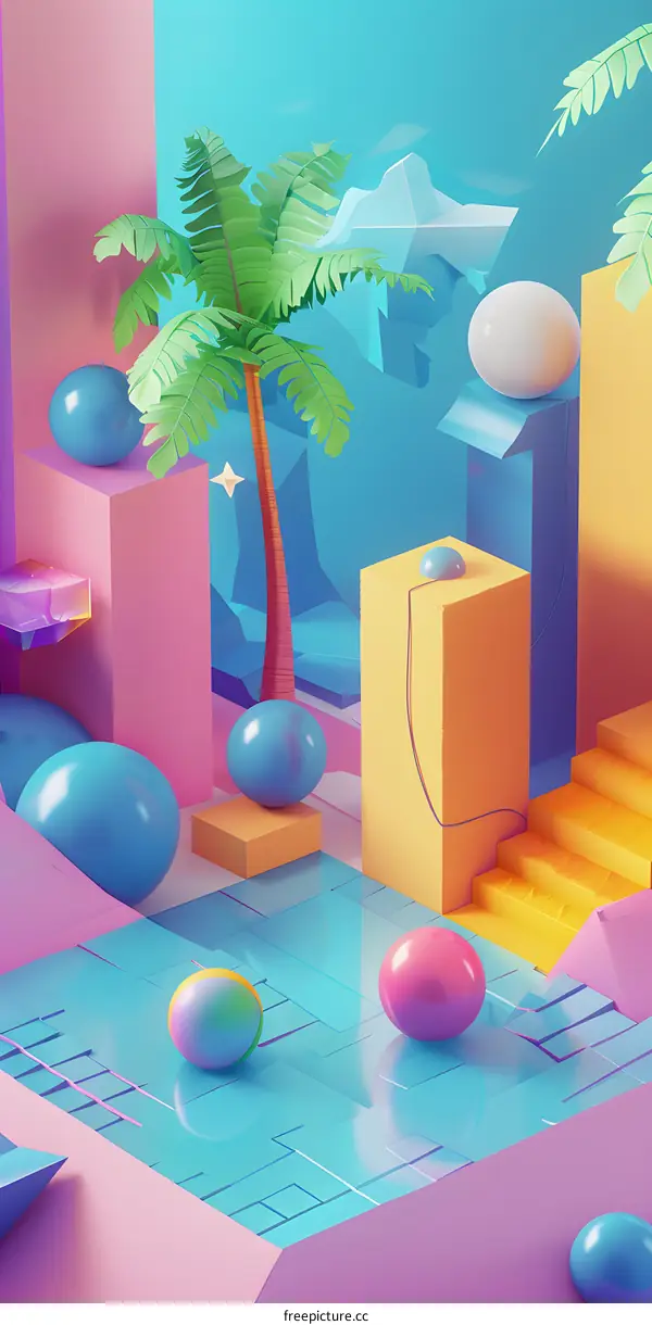 3D Abstract Summer Design with Palm Tree and Geometric Shapes