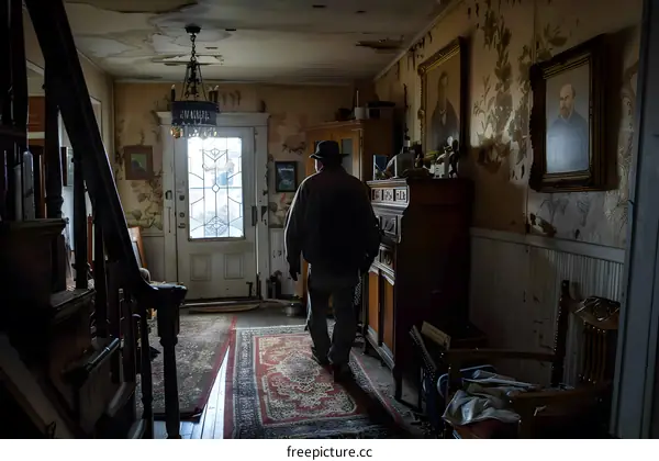 Man walking away from camera in a dark hallway