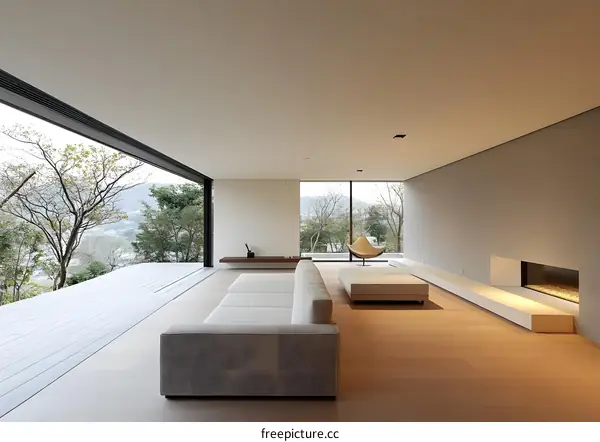 Modern Minimalist Living Room Interior Design With Fireplace And Large Windows