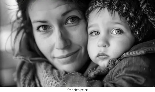 A mother and her child are looking at the camera.