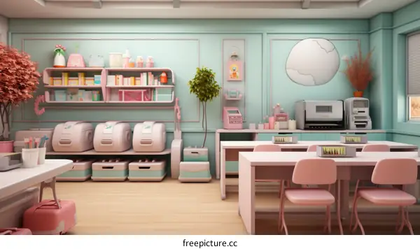 Retro classroom with pink and blue pastel color scheme