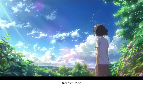Anime Girl Looking at the Sky with Beautiful Clouds
