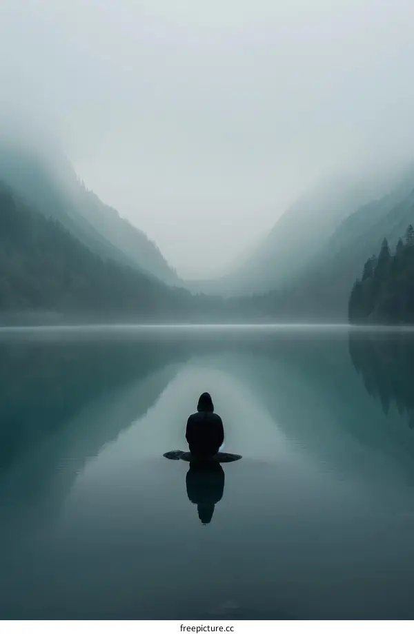Man sitting on a rock in the middle of a lake with mountains in the background