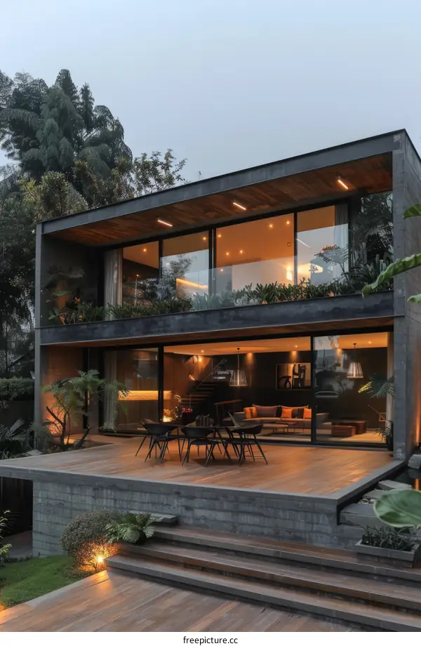 Modern House Exterior with Panoramic Glass Windows and Terrace