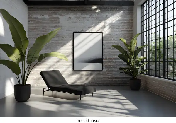 Modern Living Room Interior Design with Brick Wall and Plants
