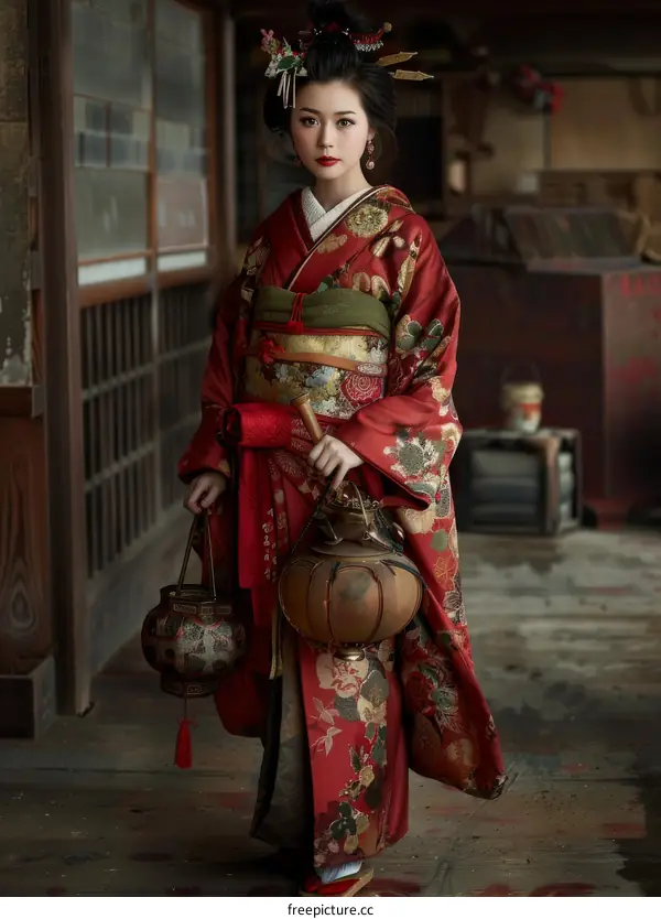 A woman wearing a red kimono is holding a lantern.