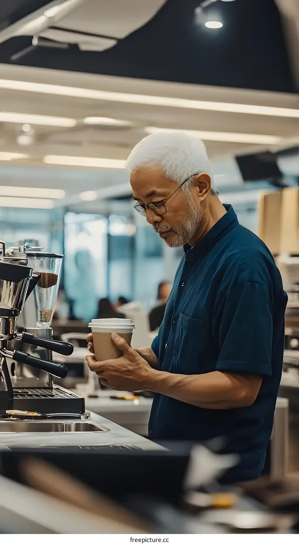 Asian Man Holding a Coffee Cup at a Coffee Shop Counter