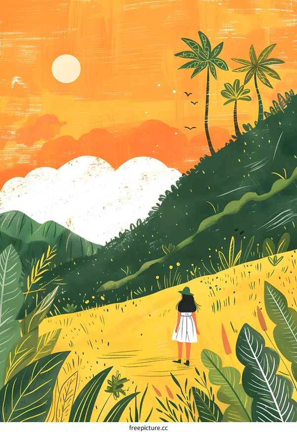 Woman standing on a yellow path in a tropical landscape illustration