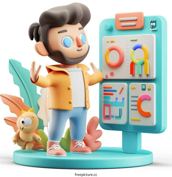 3D illustration of a man standing next to a board with graphs and charts