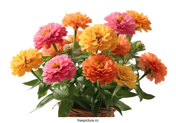 [Transparent Background PNG]Colorful Zinnia Bouquet in a Basket