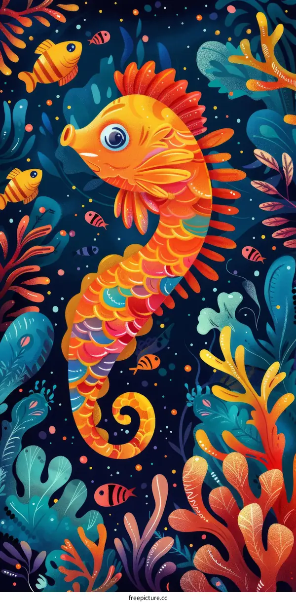 Colorful Illustration of a Seahorse Surrounded by Fish, Plants, and Corals
