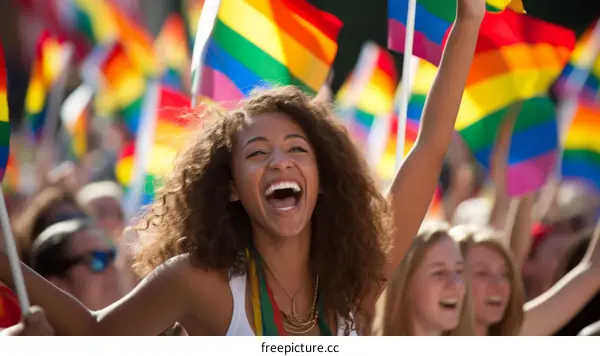 Happy People Waving Rainbow Flags at Pride Parade
