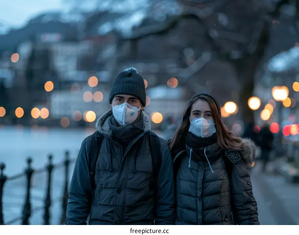 A masked couple walking on a bridge at night