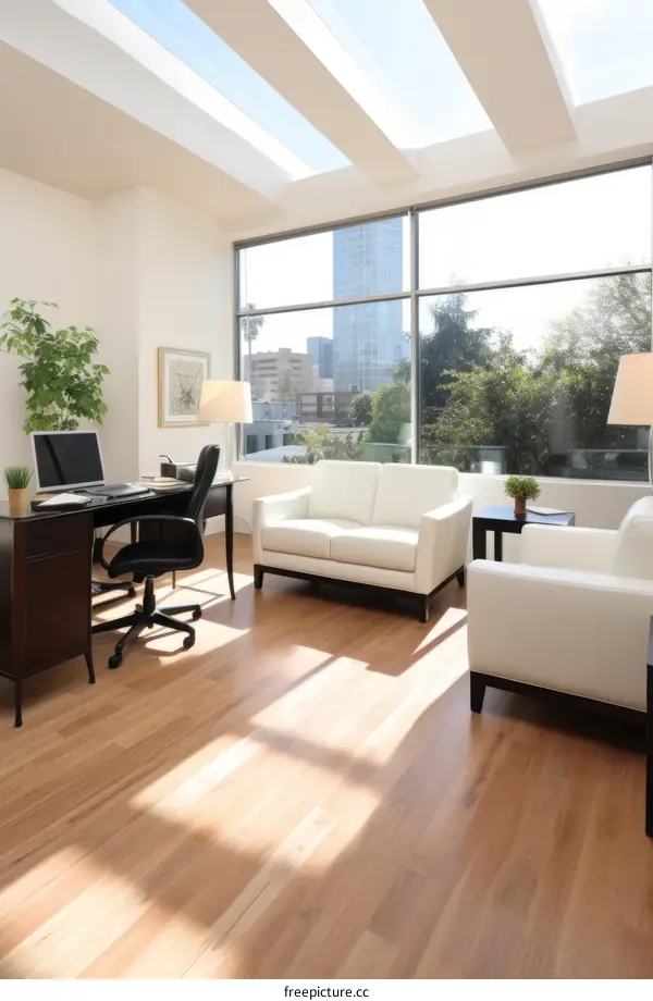 A modern office with a large window and a skylight
