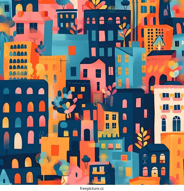 Colorful Illustration of Cityscape with Buildings and Trees