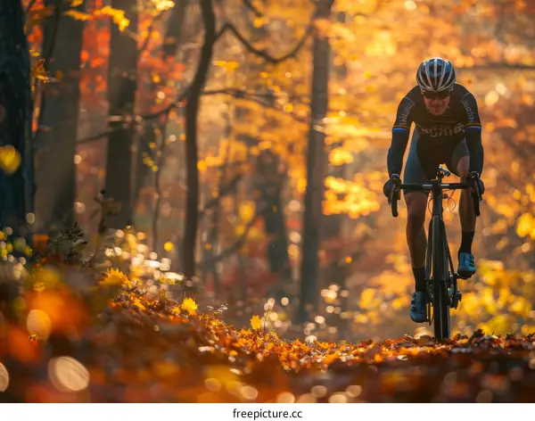 Cyclist riding through a forest in the fall