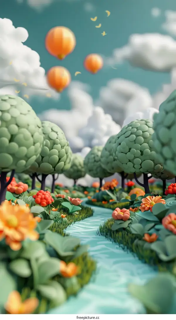 Whimsical Forest with Hot Air Balloons and a River