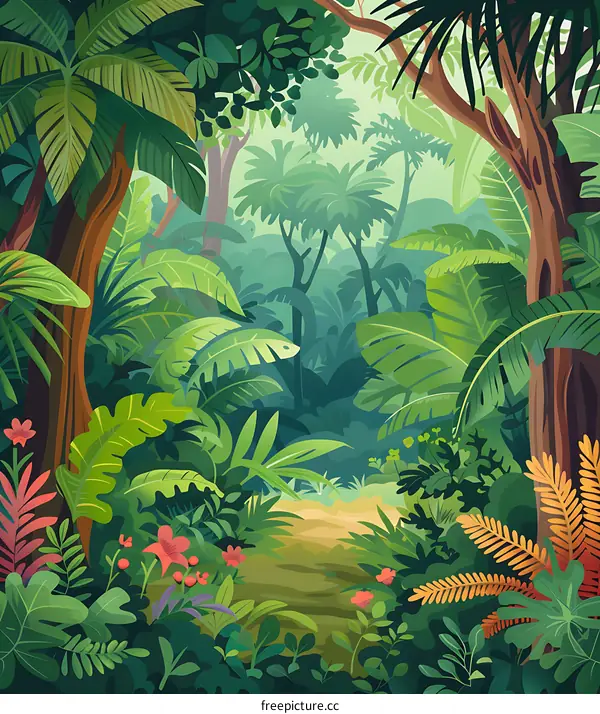 Jungle Landscape with Green Foliage and Pathway