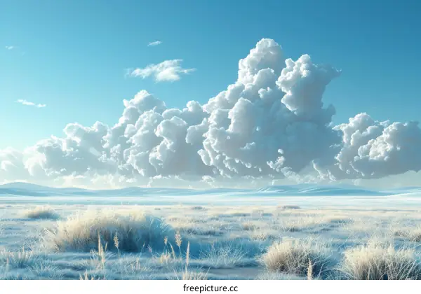 Snowy Field With Grass And Clouds