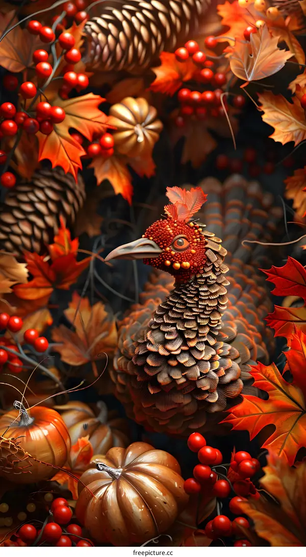 A turkey standing in a pile of pumpkins and fall leaves