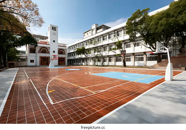School Basketball Court with Buildings