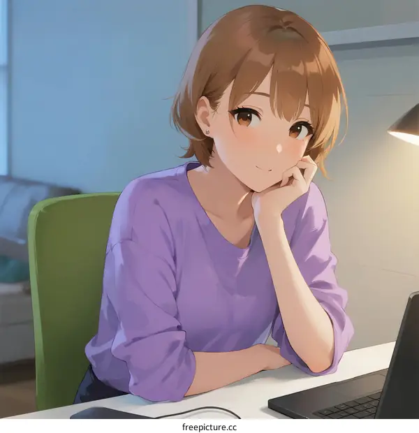 Young woman sitting at desk with laptop looking thoughtful