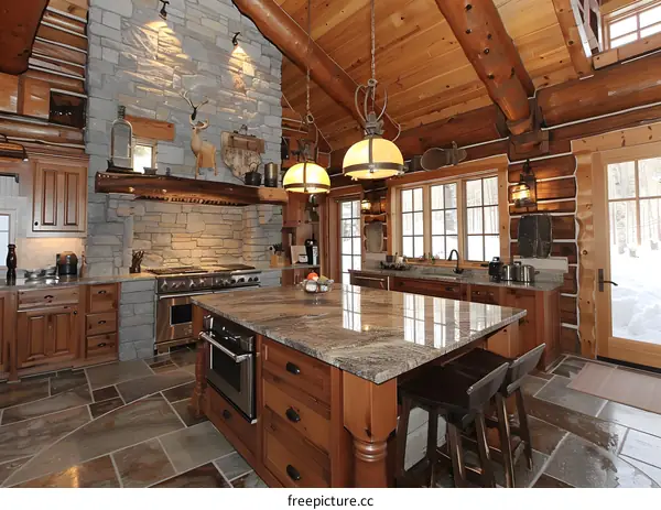 A cozy kitchen with a large island and a stone fireplace