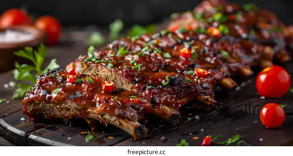 A rack of pork ribs with a spicy rub and sauce on a wooden board