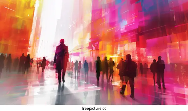 Colorful City Street with Crowd of People Walking