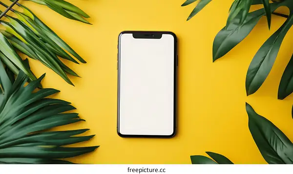 Smartphone on a Yellow Background with Green Leaves