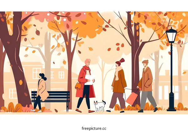 Fall Season Illustration With People Walking In The Park