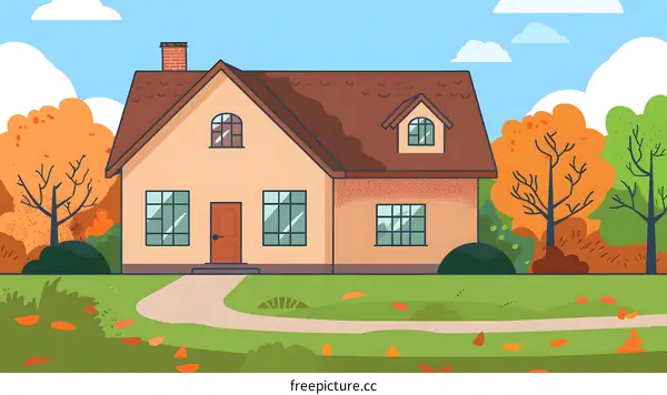 Cartoon Illustration Of A Yellow House In The Autumn