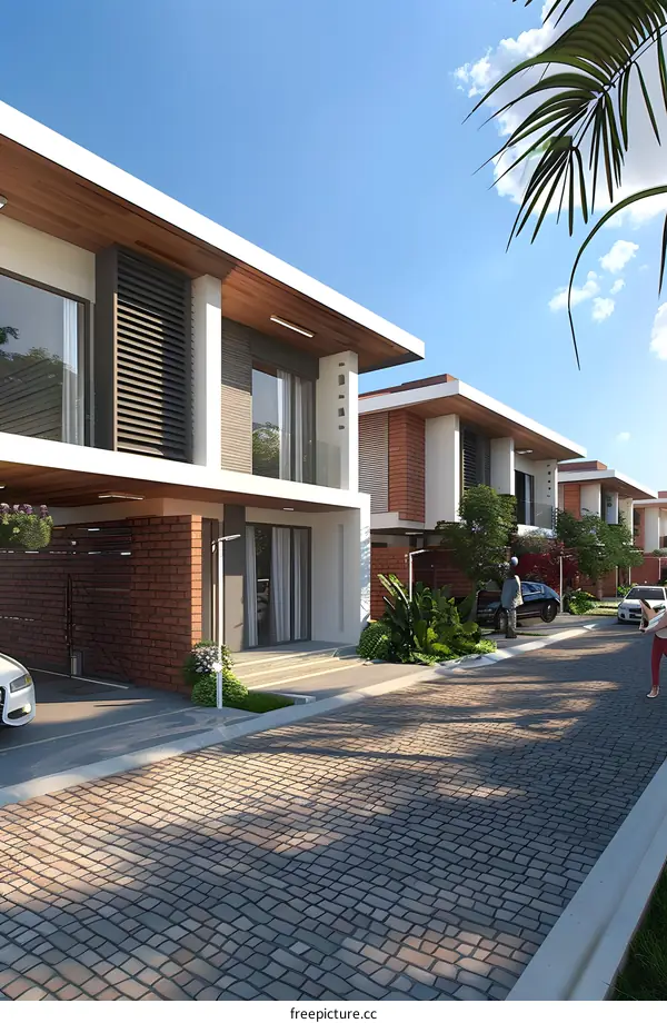 Modern Luxury Home Exterior Design with Cobblestone Driveway