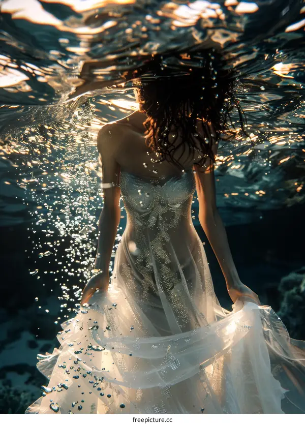 An ethereal photo of a woman wearing a white dress and swimming underwater