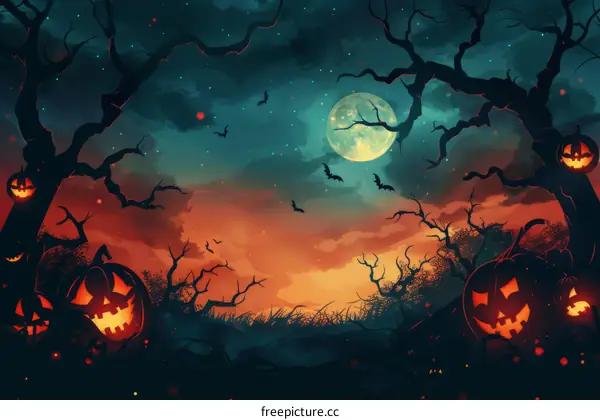 Spooky Halloween with Jack-o'-Lantern in the Moonlight