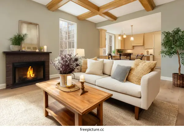 Cozy Living Room with Fireplace and Kitchen View