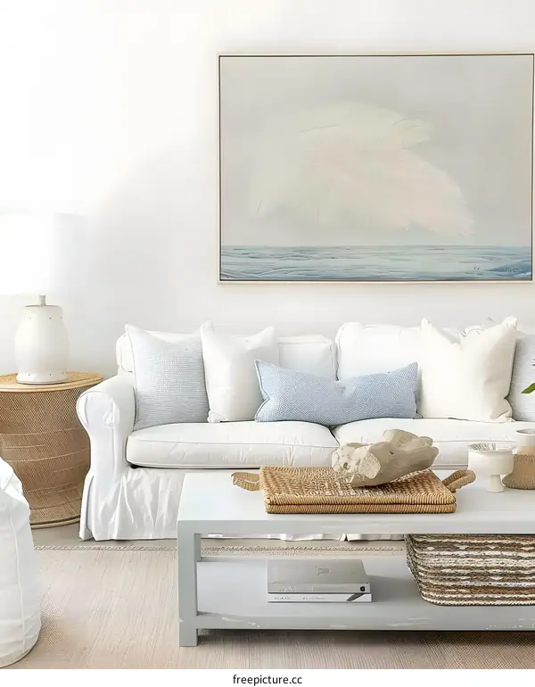 Minimalist living room with feather painting