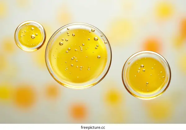 Yellow Liquid Bubbles in Glass Petri Dishes