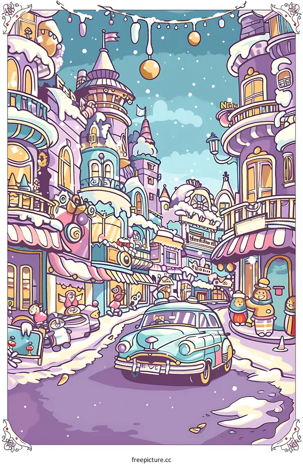 Snowy Town Illustration with Buildings, Car and Ornaments