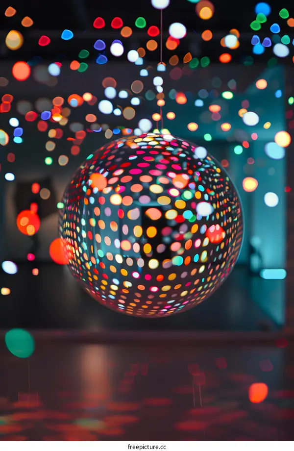 Colorful Disco Ball Hanging From Ceiling With Lights Reflecting Off Of It