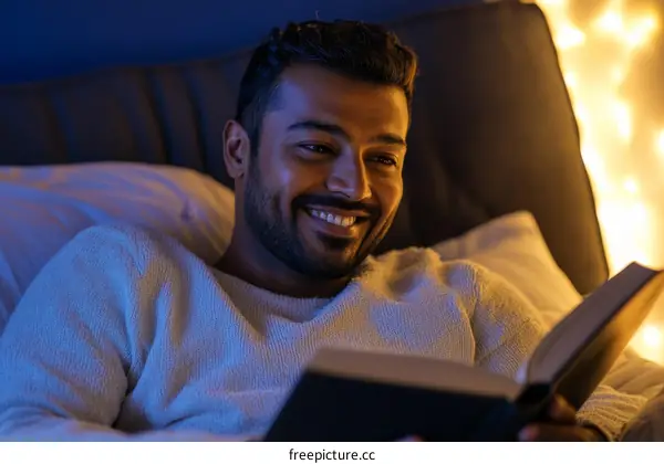 Happy Man Reading a Book in Bed at Night