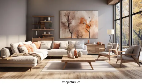 Modern living room interior with large windows and a gray wall