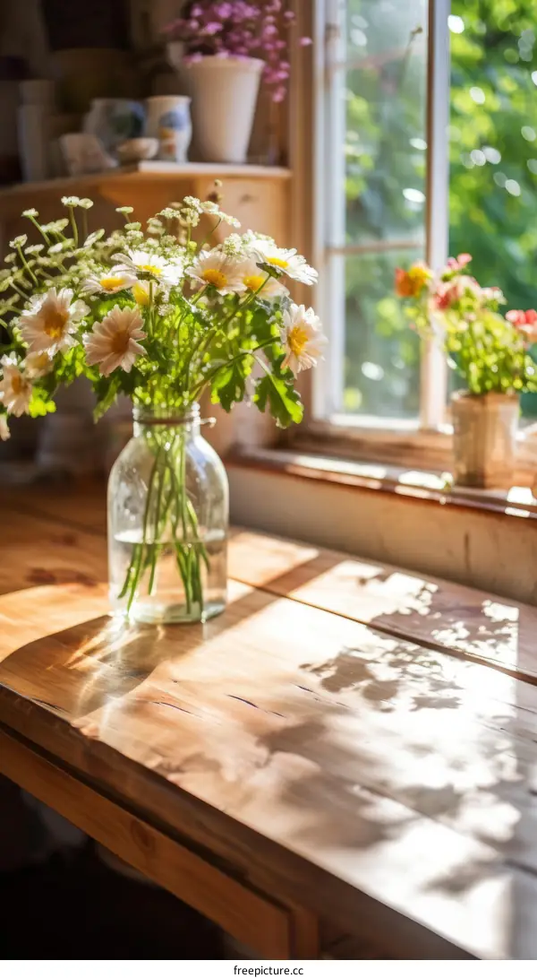 A beautiful bouquet of chamomile flowers in a glass vase on a wooden table by the window