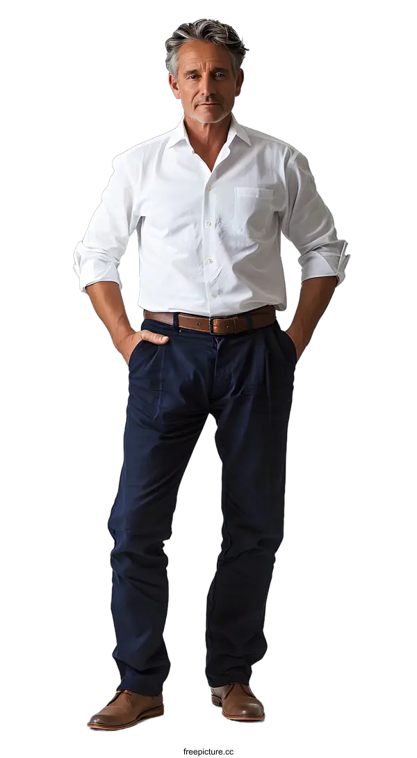[Transparent Background PNG]A man in a white shirt and blue pants is posing with his hands in his pockets.