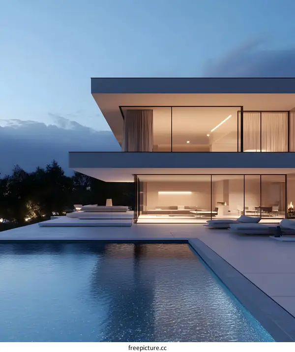 Modern Architecture House with Swimming Pool at Dusk