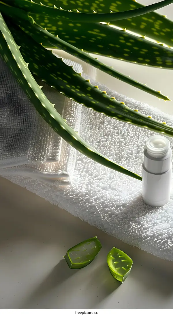 Aloe Vera Plant Leaf And Cream With Towel On White Background