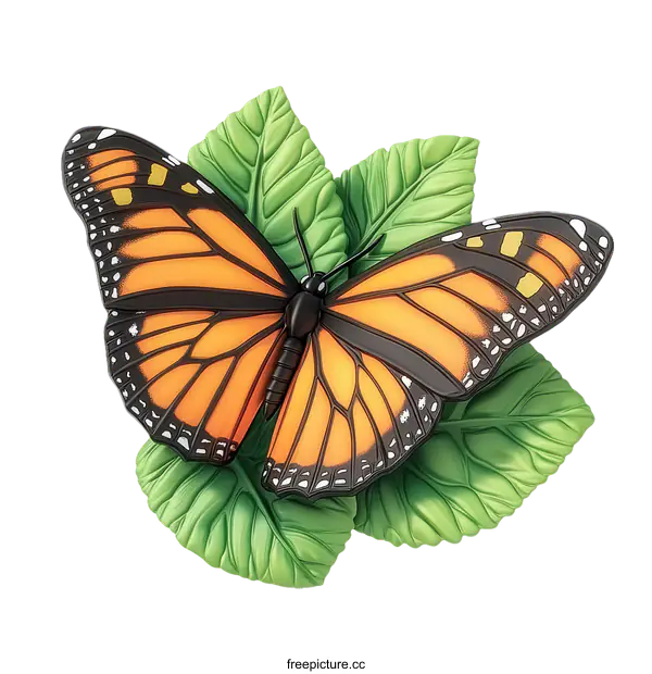 [Transparent Background PNG]Beautiful Monarch Butterfly on Green Leaves Illustration