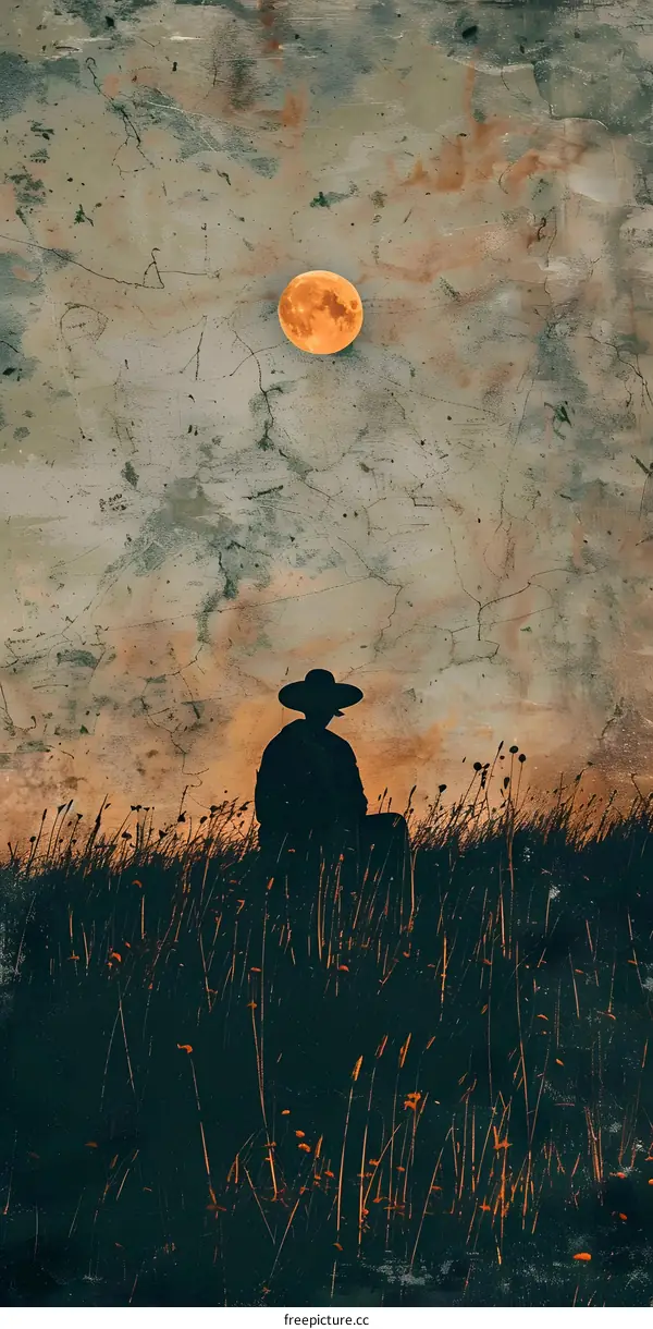 Silhouette of a Person Wearing a Hat Under the Moon