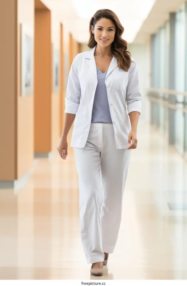 Confident female doctor walking down hospital hallway